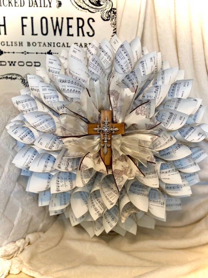 Paper Wreath With Cross Center (24" x 24") for wholesale by The Paper Wreath Company