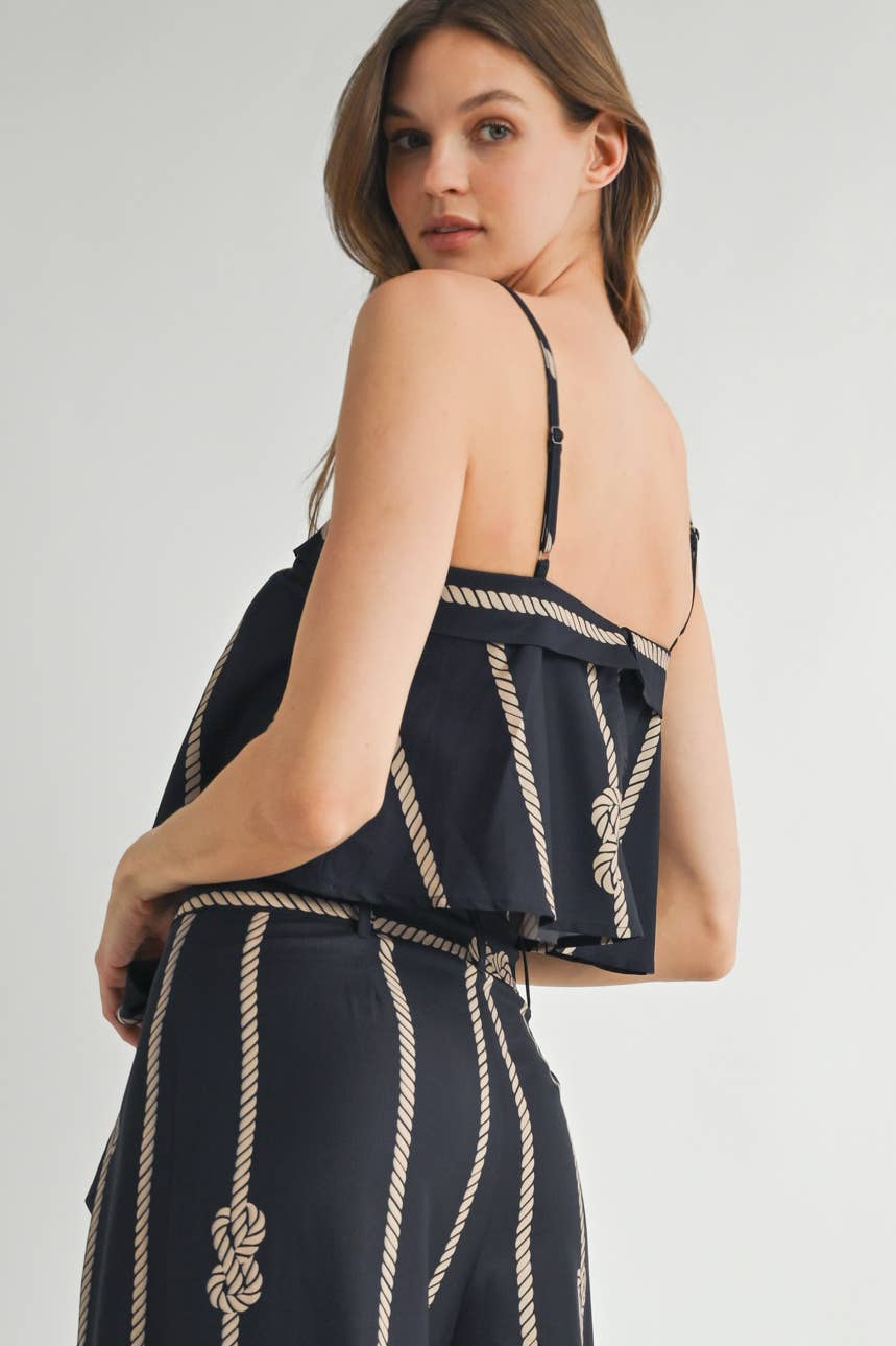 Preto Top Fluido com Detalhe de Laço em Corda Dourada para venda a revendedores na Faire2