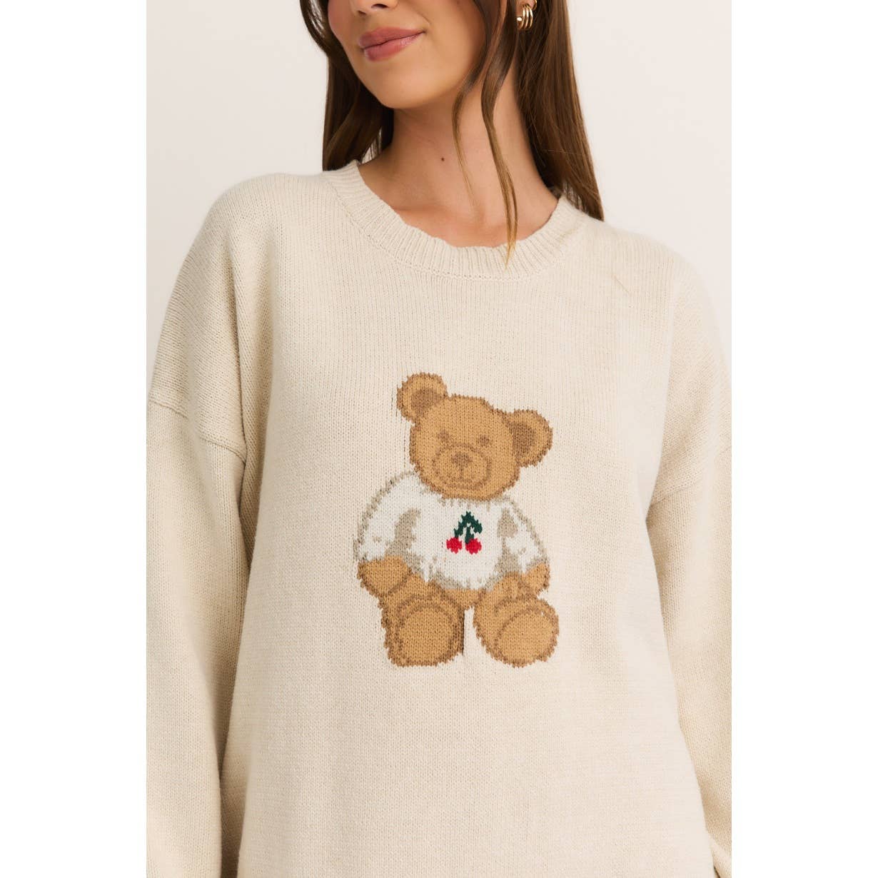 Apolline - Wholesale Knitted jumper – Women′s - Long Sleeve Crew Neck Sweater with Teddy Bear and Cherry Pri9