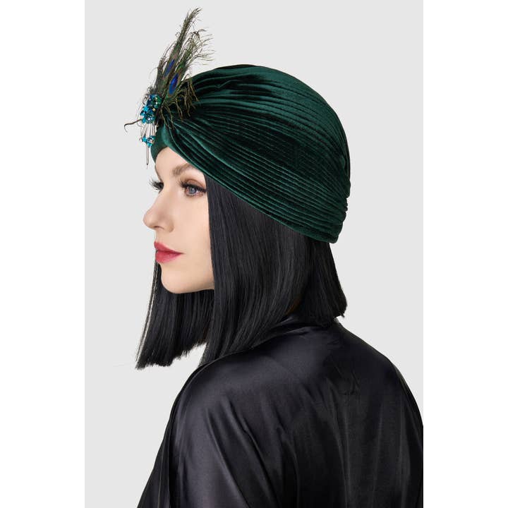 Dark Green 1920s Peacock Sequin Turban Hat for wholesale on Faire3
