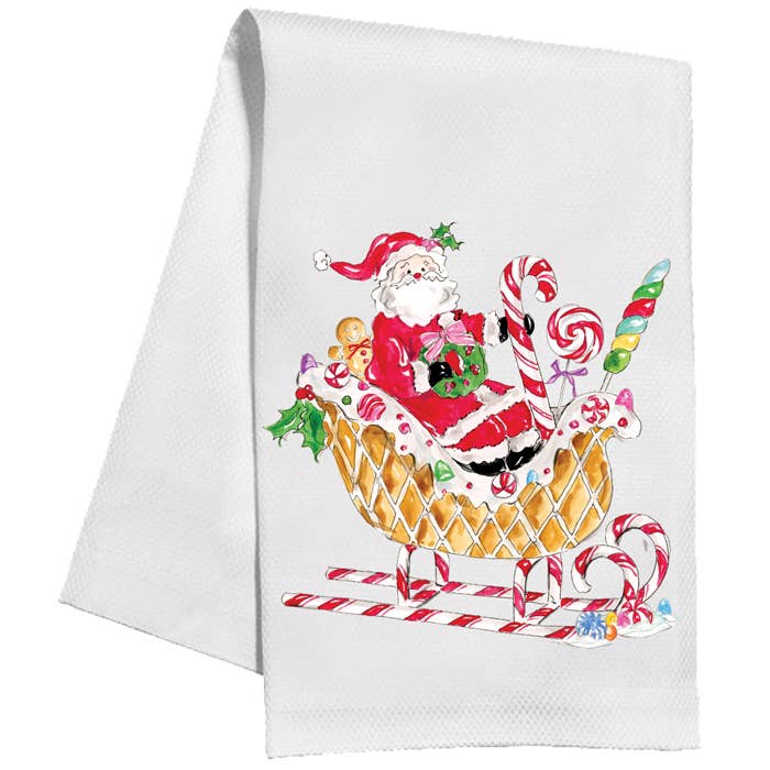 RosanneBeck Collections - Wholesale Hand Towel - Santa in Candy Sleigh and Gingerbread Kitchen Towel0