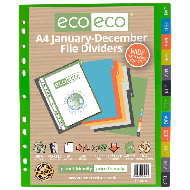 A4 50% Recycled January - December Wide Index File Dividers for wholesale by eco-eco Stationery Ltd