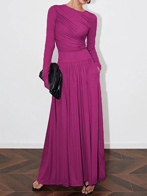 FUCHSIA Long Sleeve Pleat Solid Split-Round Maxi for wholesale on Faire