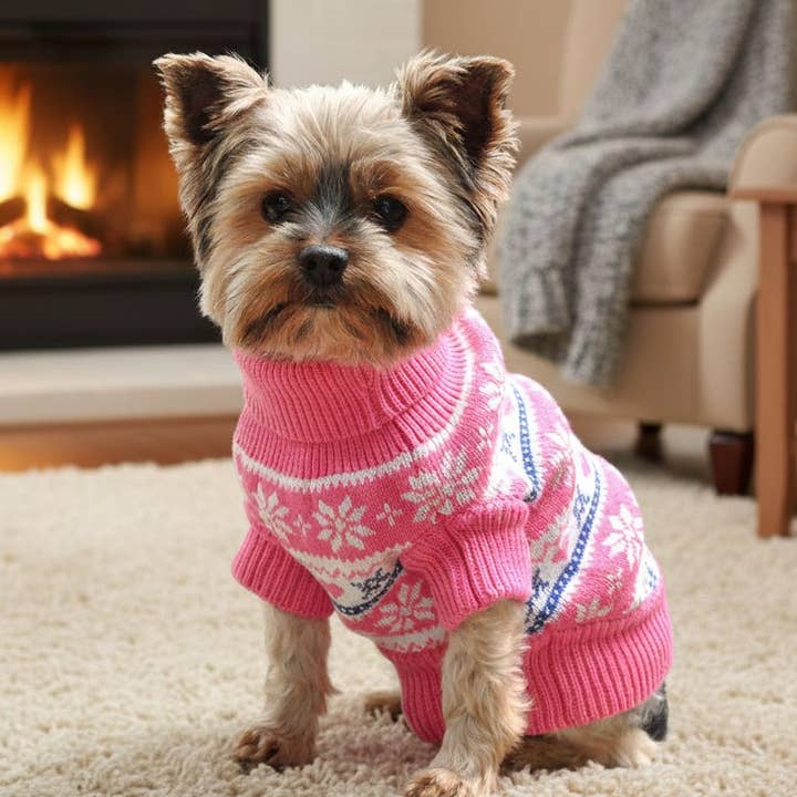 Doggie Design - Venta al por mayor Jersey - Perros - Jersey para perro de algodón peinado con copos de nieve y corazones - Rosa3