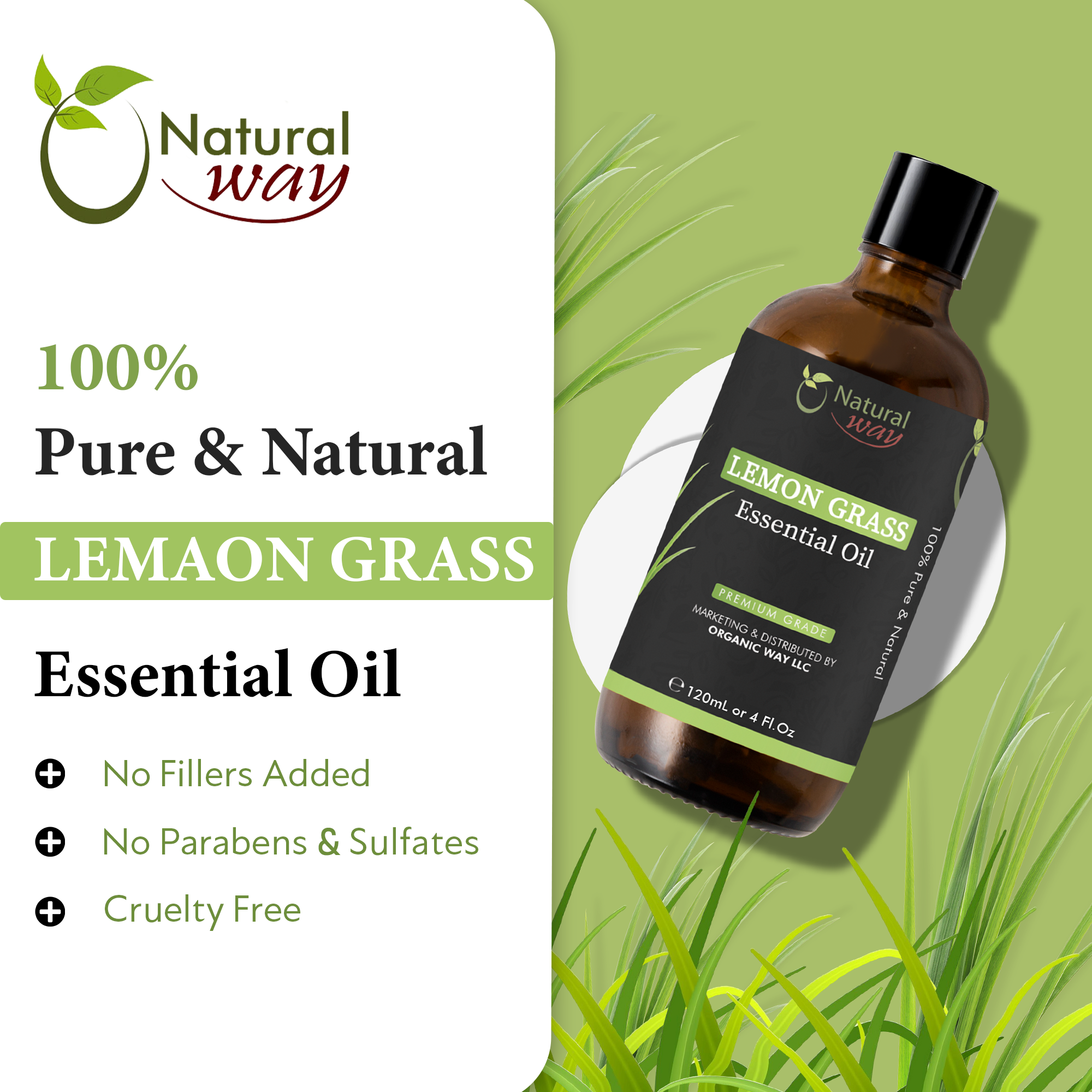 Organic Way LLC – wholesale Essential oil – Natural Way Lemongrass Essential Oil | Premium Grade Essential Oils for Hair Care, Oil for Skin, Aromatherapy, & Diffuser | Essential Oil for Hair, Massage Oil & Humidifier Use | 4 Fl Oz (120 mL)3