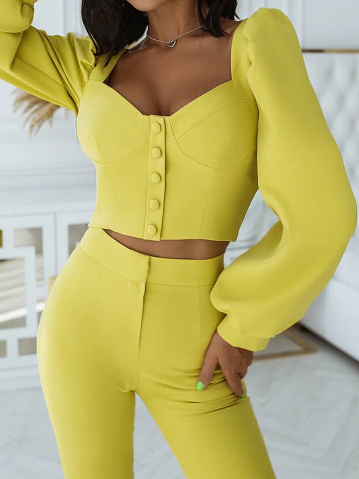 Balloon Sleeve Top Flared Pants Two-Piece Set for wholesale by HIDDENBRAND