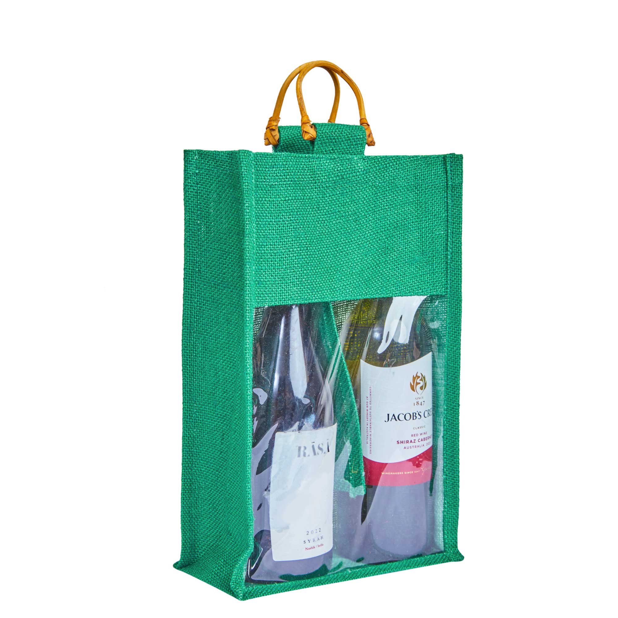 ecojutebags – wholesale Wine gift bag – 6-Pack Burlap Wine Bags with Cane Handle & Clear PVC Window19