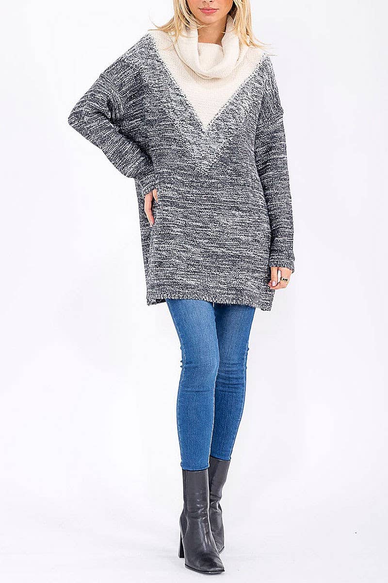 CHARCOAL IVORY MULTI COLOR V-NECK OVERSIZED PULLOVER SWEATER for wholesale on Faire1