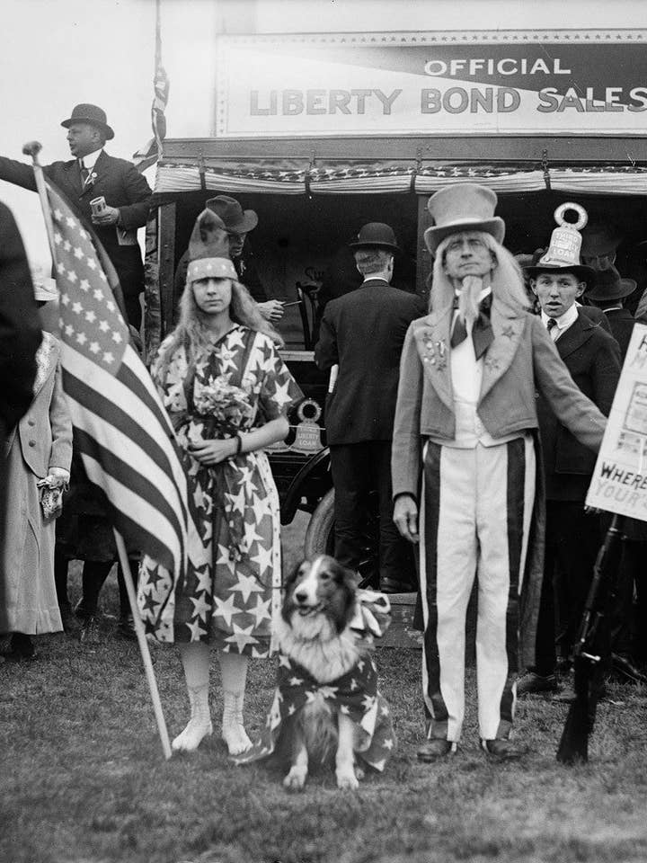 Onkel Sam med patriotisk pige og hund for engroshandel hos Print Collection