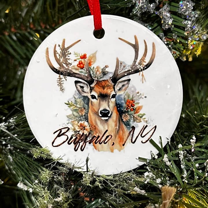 Buffalo NY Deer Ceramic Ornament for wholesale by The Pink Dandelion, LLC