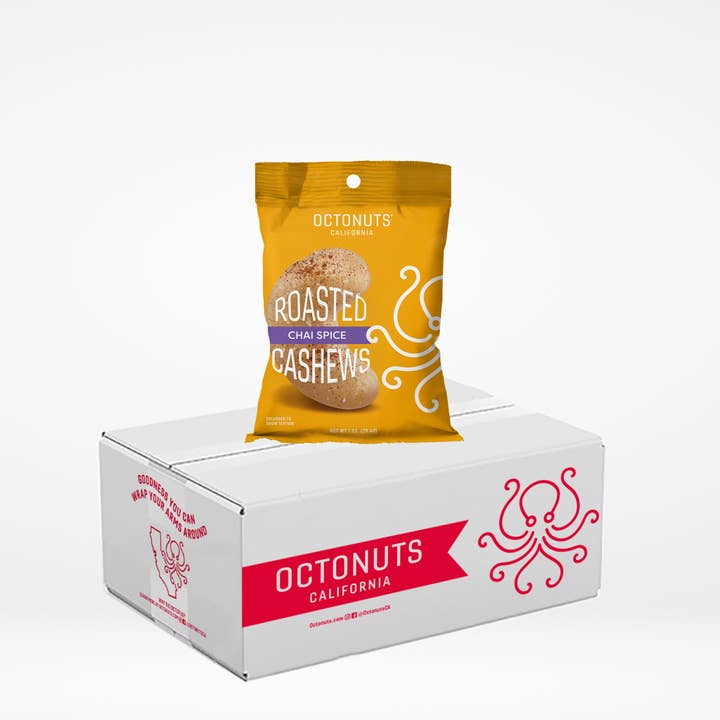 Chai-krydret ristede cashewnødder kasse 1oz/160 stk. for engroshandel hos Octonuts California