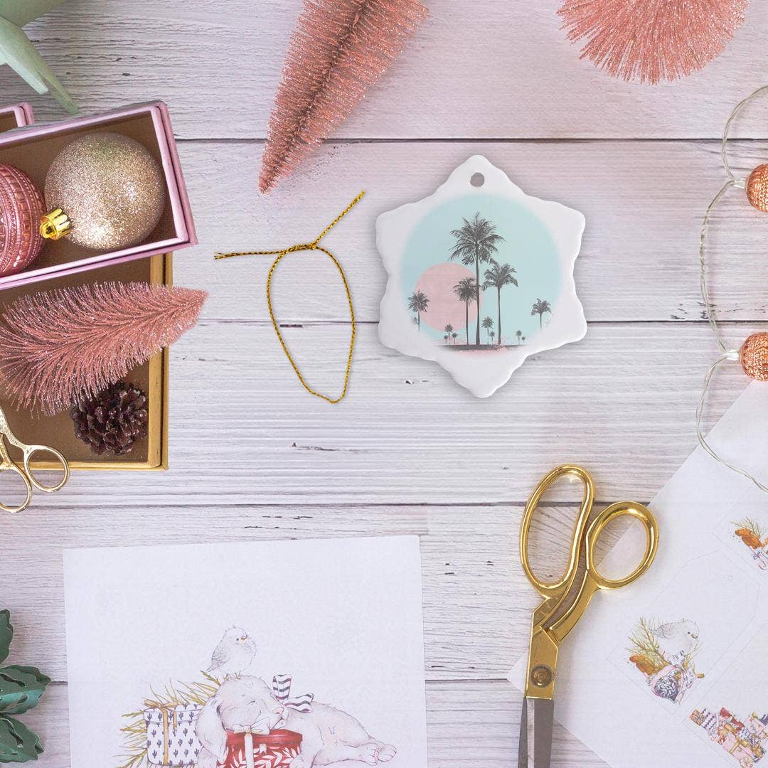 3dRose – Ornamento por atacado – 3dRose, Cenário à Beira-Mar em Tons Pastel com Palmeiras, Ornamento5