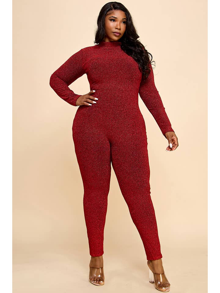 Namatt Design - Wholesale Jumpsuit - Women's - Plus Glitter Mock Neck Zipper Back Closure Catsuit12