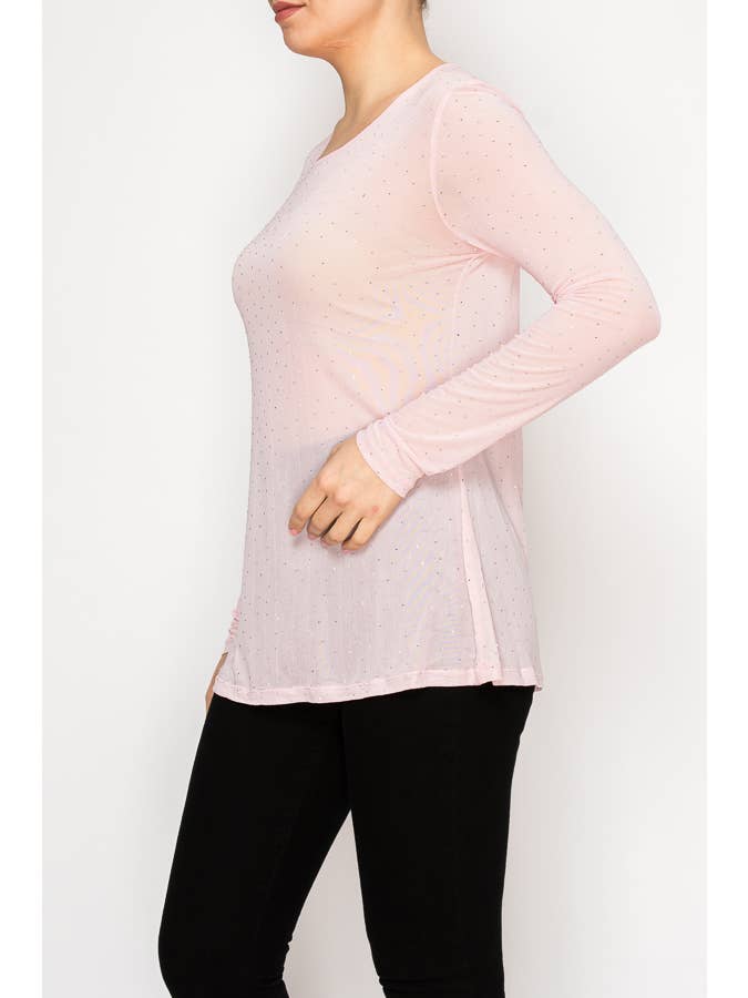 Rosa Blusa Comprida de Malha Transparente com Detalhes Brilhantes – 4847ROSA para venda a revendedores na Faire1