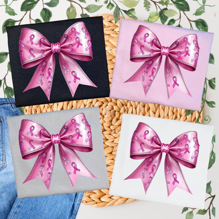 Pink Breast Cancer Ribbons Bow Graphic T-Shirt for wholesale by Duck Creations Wholesale
