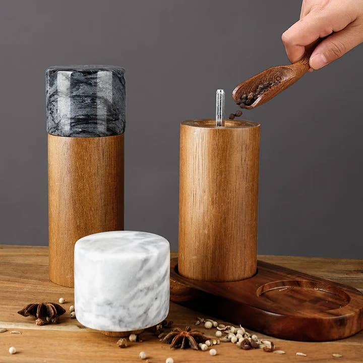 Kiyo Home - Wholesale Spice Mill - Marble & Acacia Wood Grinders1