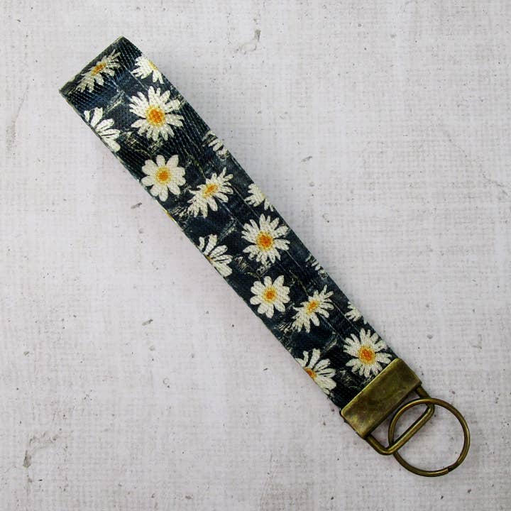 Key Fob Wristlet Keychain Daisies Denim Patch Vintage Print for wholesale by Treasured Haven