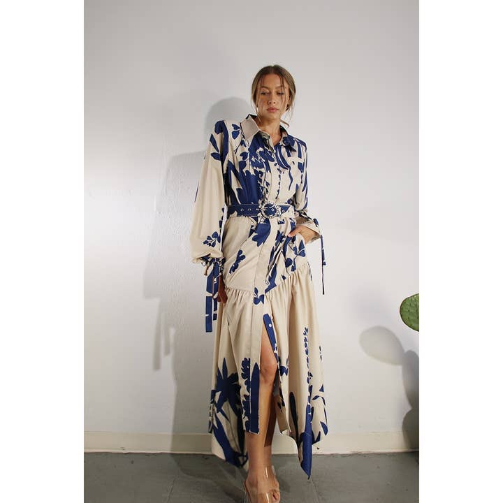 BLUE MULTI PRINT UNEVEN BELTED LONG DRESS for wholesale on Faire11