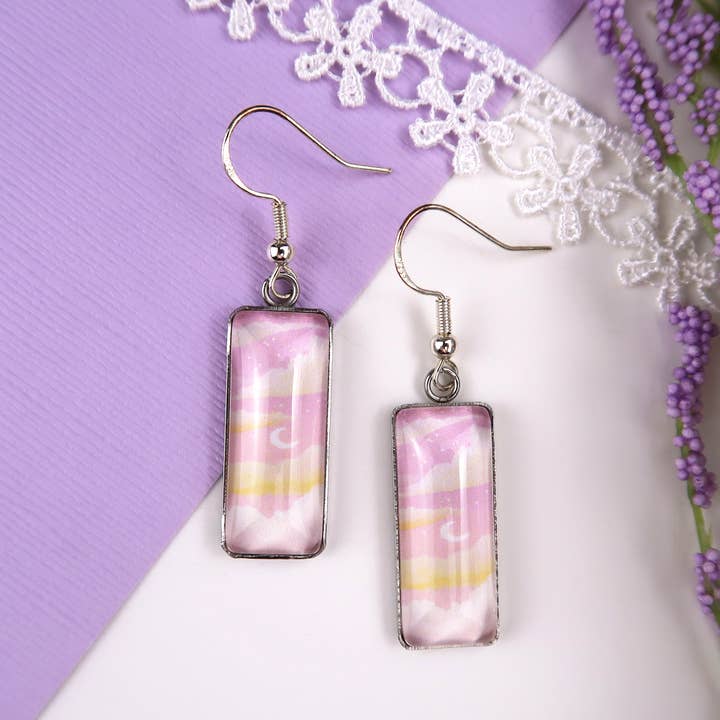 Dreamy Pink Sunset Sky Glass Pendant Earrings for wholesale by Loretta Belle Art