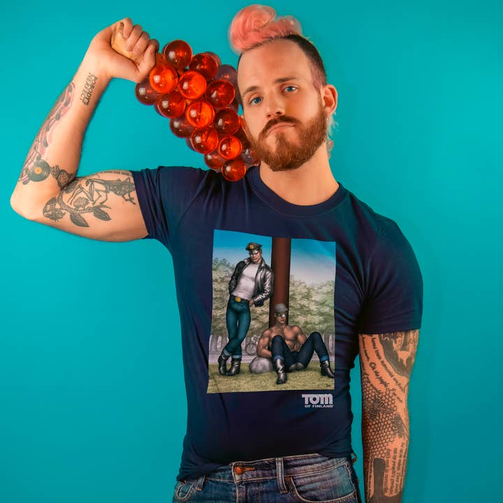 Peachy Kings / Kweer Cards - Wholesale Screen Printed T-Shirt - Men's - Tom of Finland "REST STOP" T-shirt - Navy