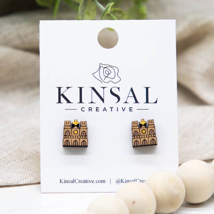 Kinsal Creative - Wholesale Stud/Post Earrings - Notre Dame Wood Stud Earrings0