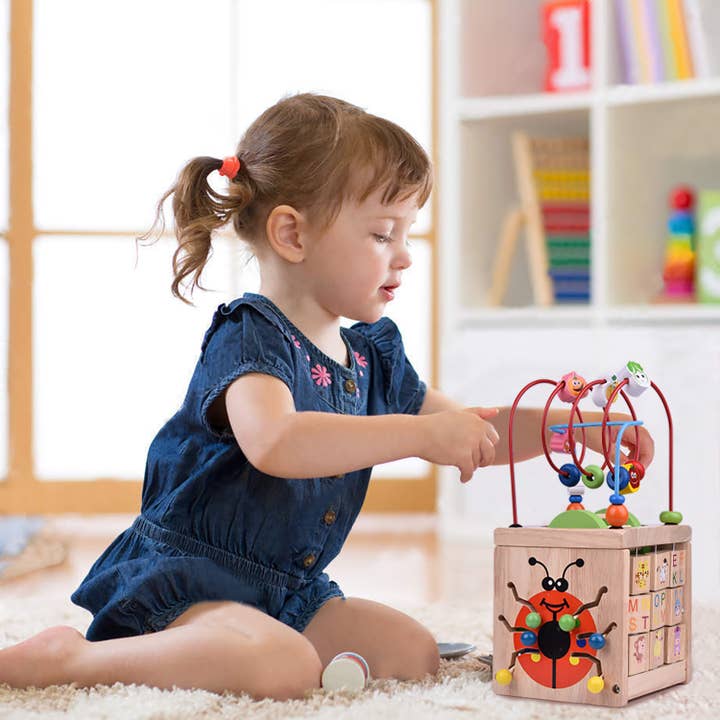 Fun Little Toys - Wholesale Wood Toy - Kids - Wooden Activity Cube Classic Bead Maze Toy Educational Learn