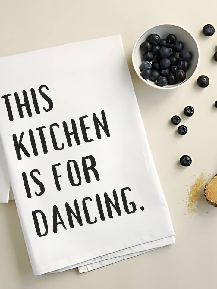 This Kitchen is for Dancing - Playful Kitchen Towel for wholesale by Inklusive Printing, Designs & More