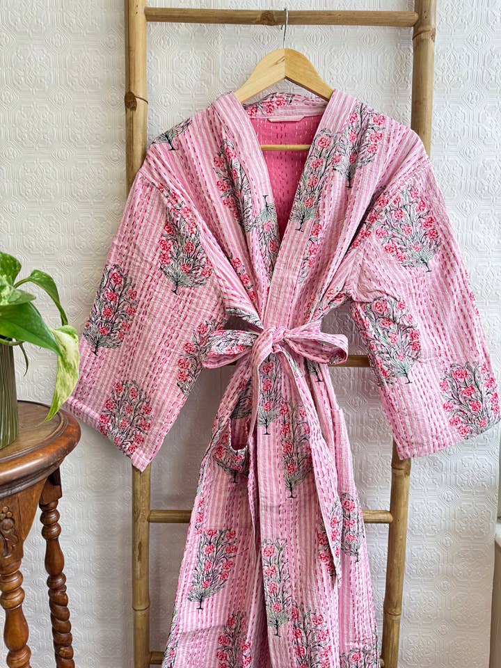 Kantha Cotton Knee Length Kimono Jacket Unisex Pink Motif for wholesale by Essential Designs London