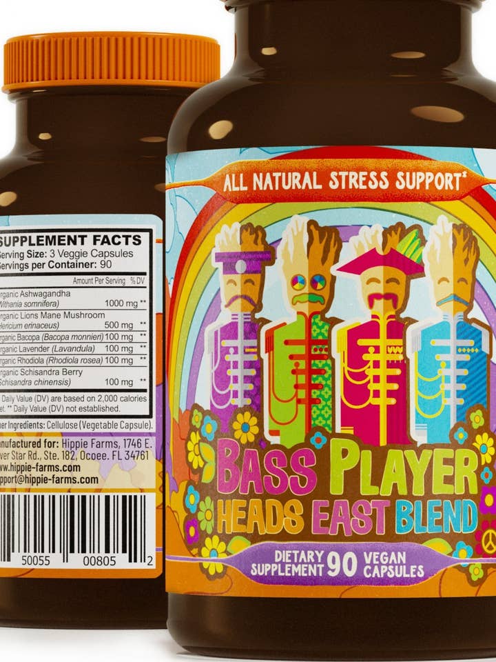 Stress Support - Bass Player Heads East Blend - Ashwagandha, Lions Mane, & More for wholesale by Hippie Farms