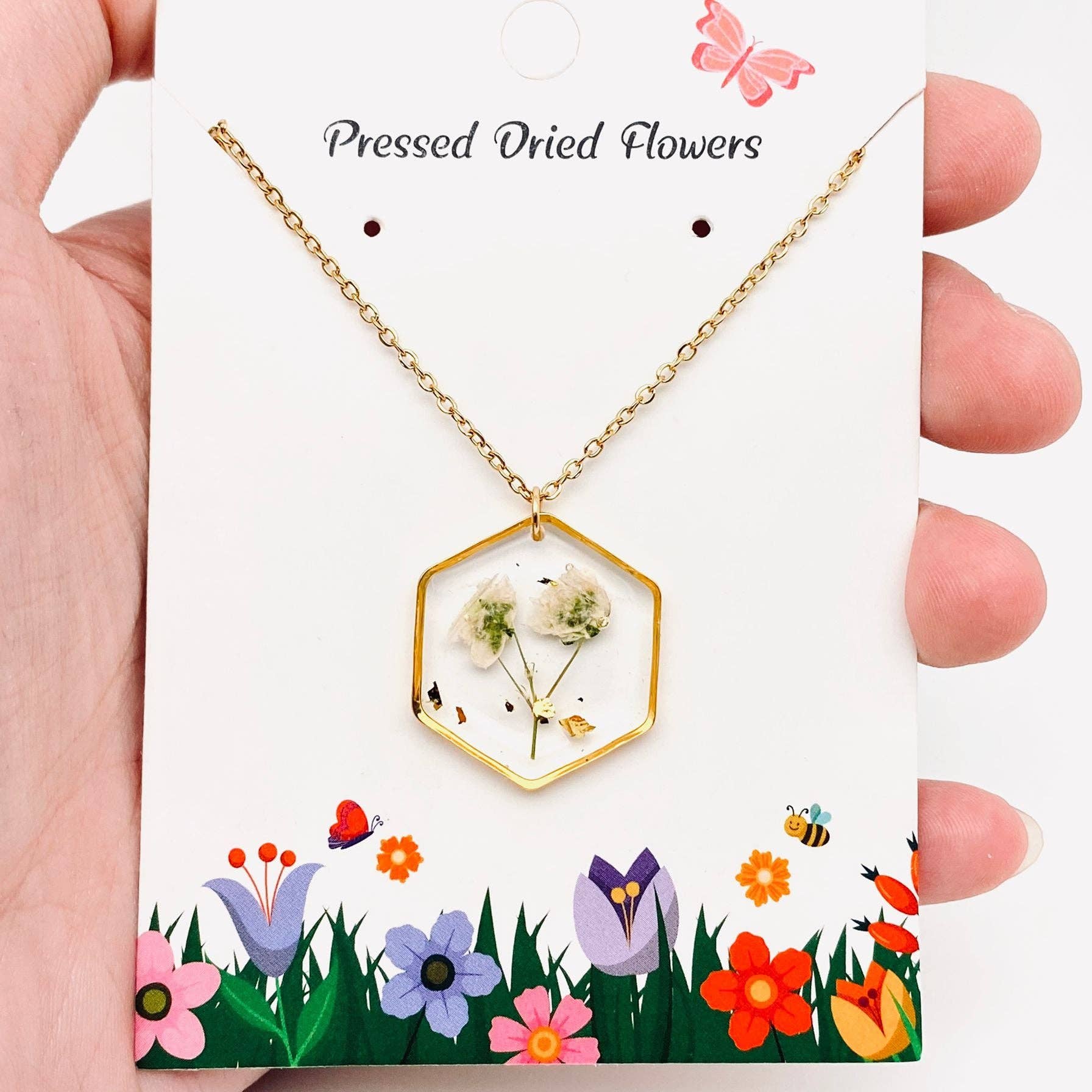 Mio Queena - Wholesale Pendant/charm necklace - Baby's Breath Dried Flowers Hexagon Charm Necklace - PDF0