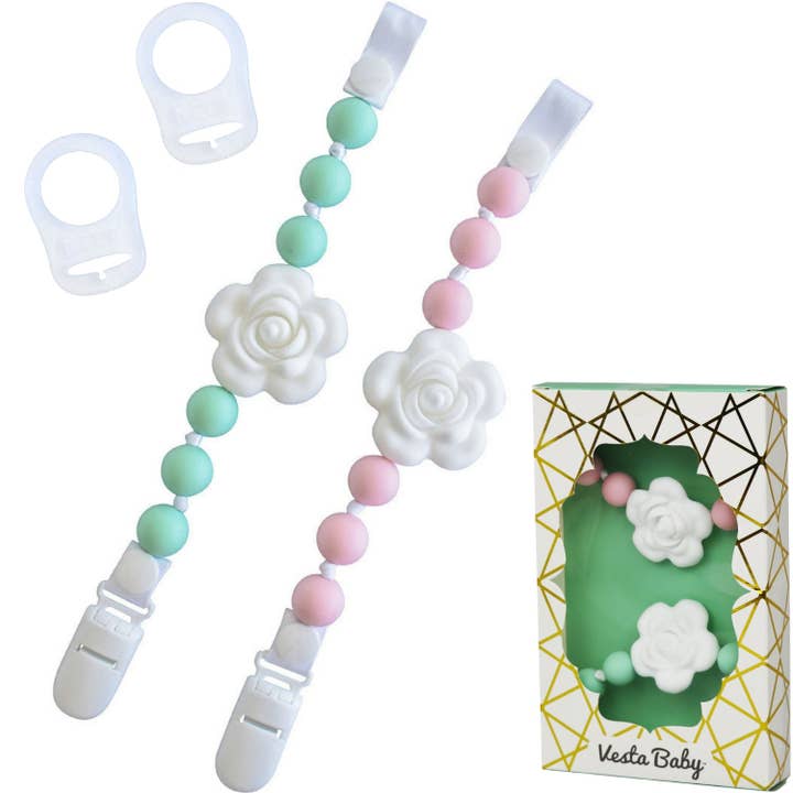 Silicone Pacifier Clip and Teether Holder Set for wholesale by Vesta Baby