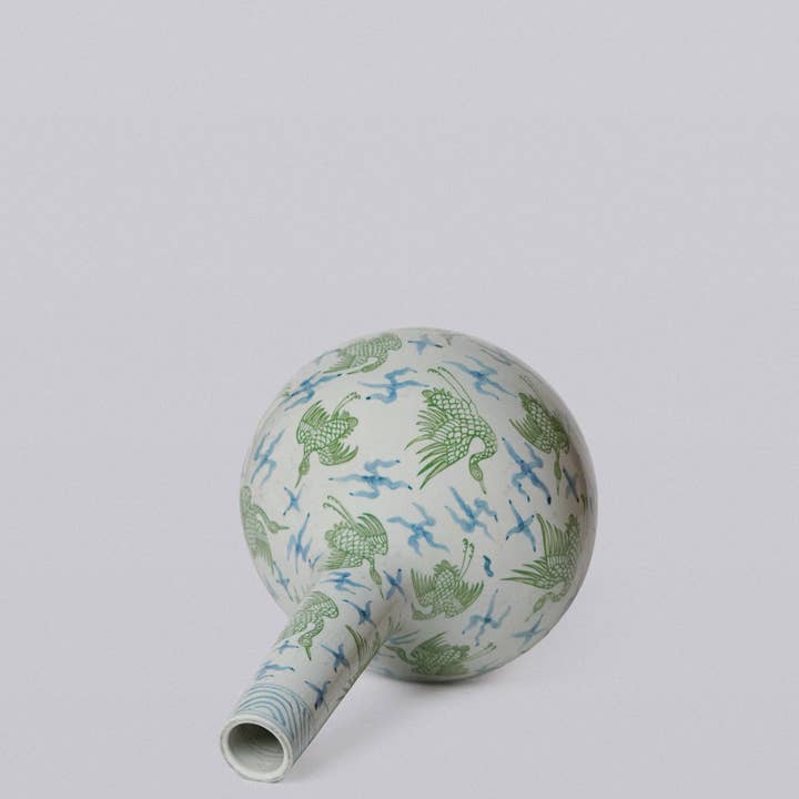 Cobalt Guild - Wholesale Vase - Green and Blue Porcelain Cranes and Clouds Globe Vase