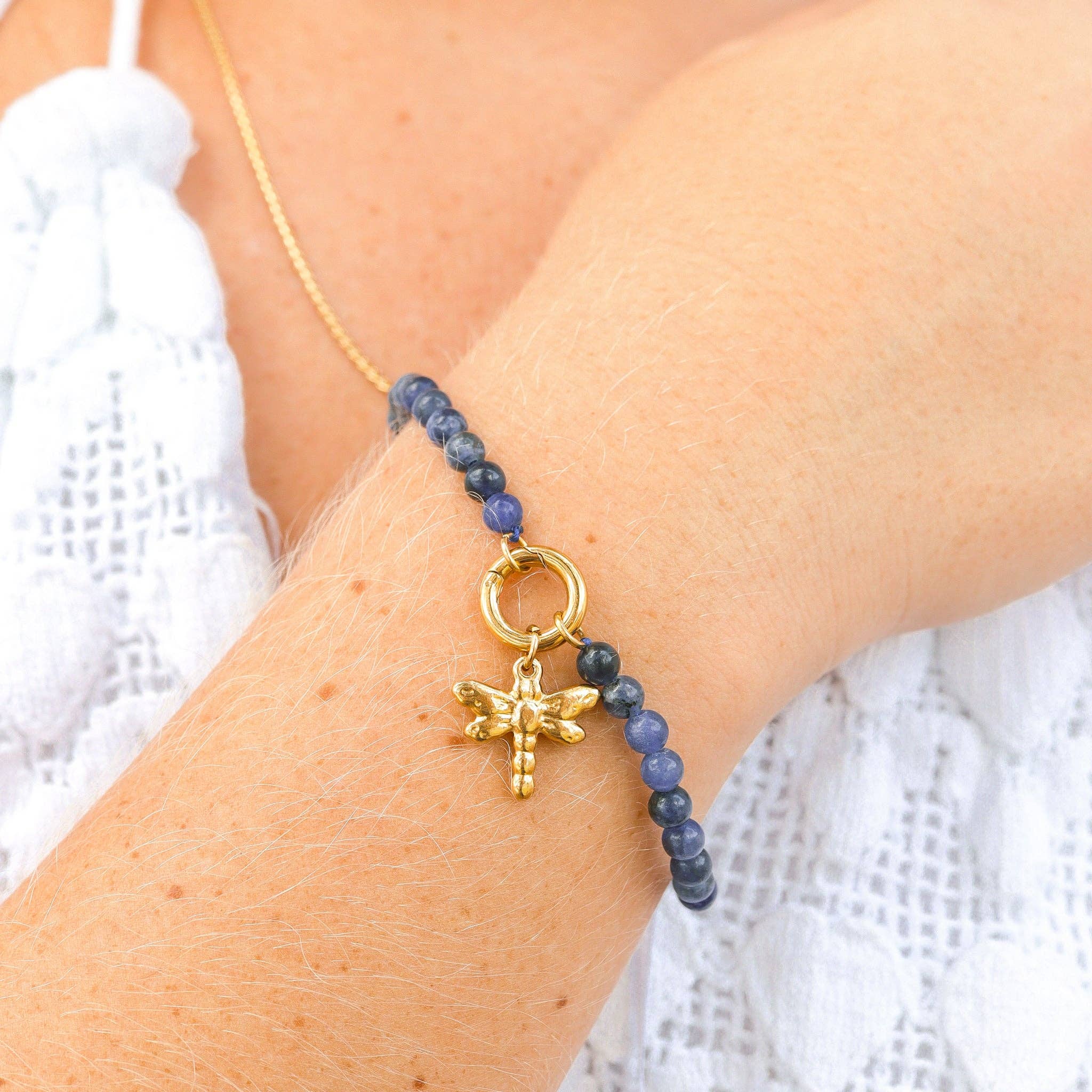 18K Gold PVD Stainless Steel Semi Precious Natural Stone Charm Keeper Bracelet for wholesale on Faire5