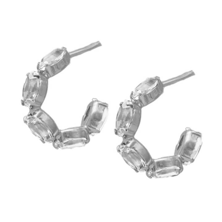 Maisie 14mm hoop earrings with crystal in rhodium-plated silver for wholesale by Victoria Cruz