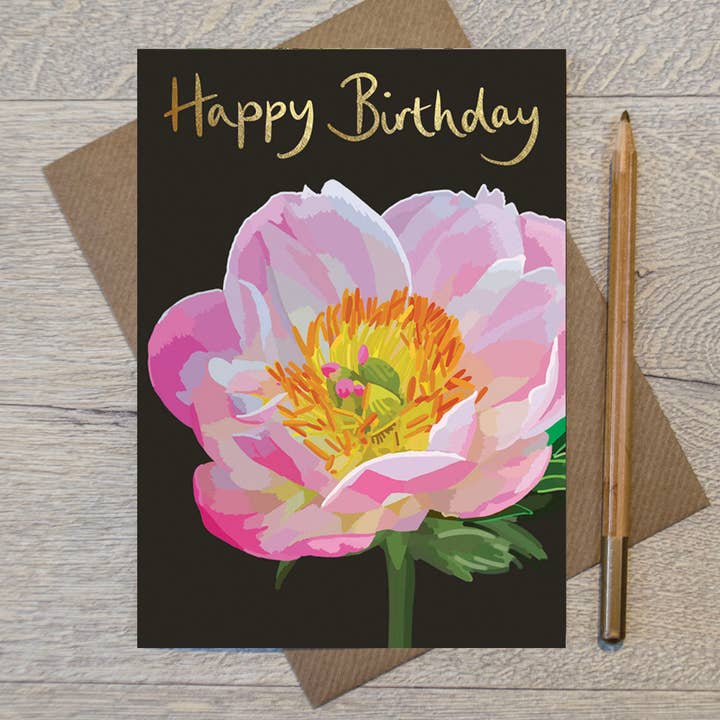 IB 01 - Happy Birthday Pink Peony foiled Greeting Card for wholesale by Sarah Kelleher