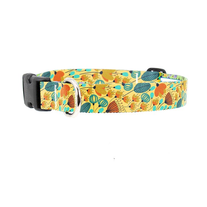 Orange & Aqua Flowers Dog Collar - Made in USA for wholesale by Buttonsmith
