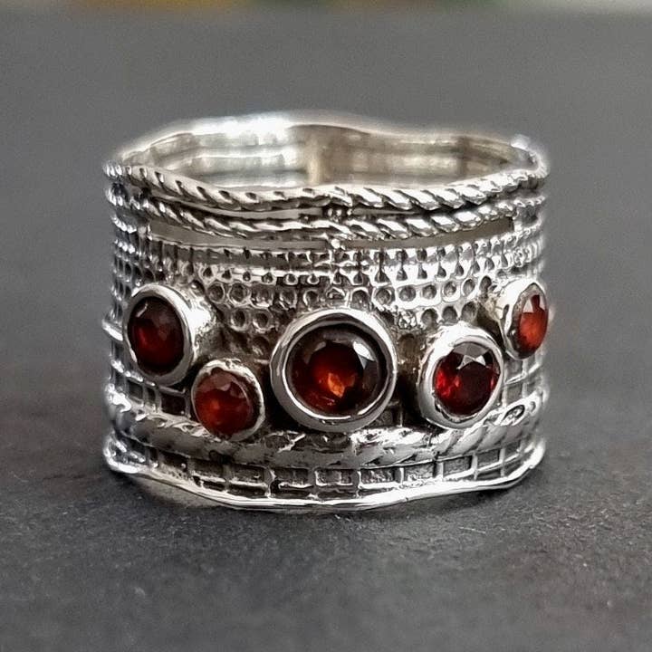 Wide Band Garnet Ring | Oxidised Textured 925 Sterling Silver, R14G for wholesale by Mistry Gems