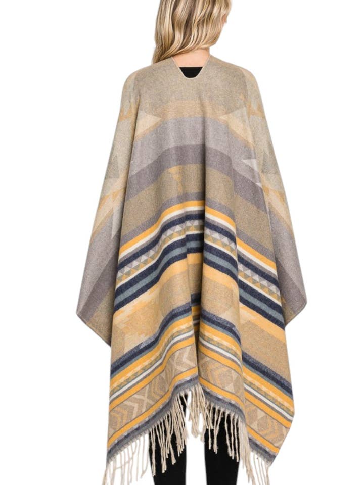 Artini Accessories - Wholesale Cardigan - Women's - Aztec Stripe Pattern Fringe Ruana Cardigan Warp Scarf2