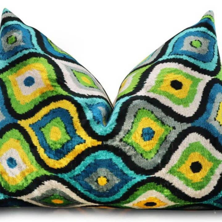 Handmade Silk Velvet Pillow 16x24 Blue Green Geometric for wholesale by Canvello