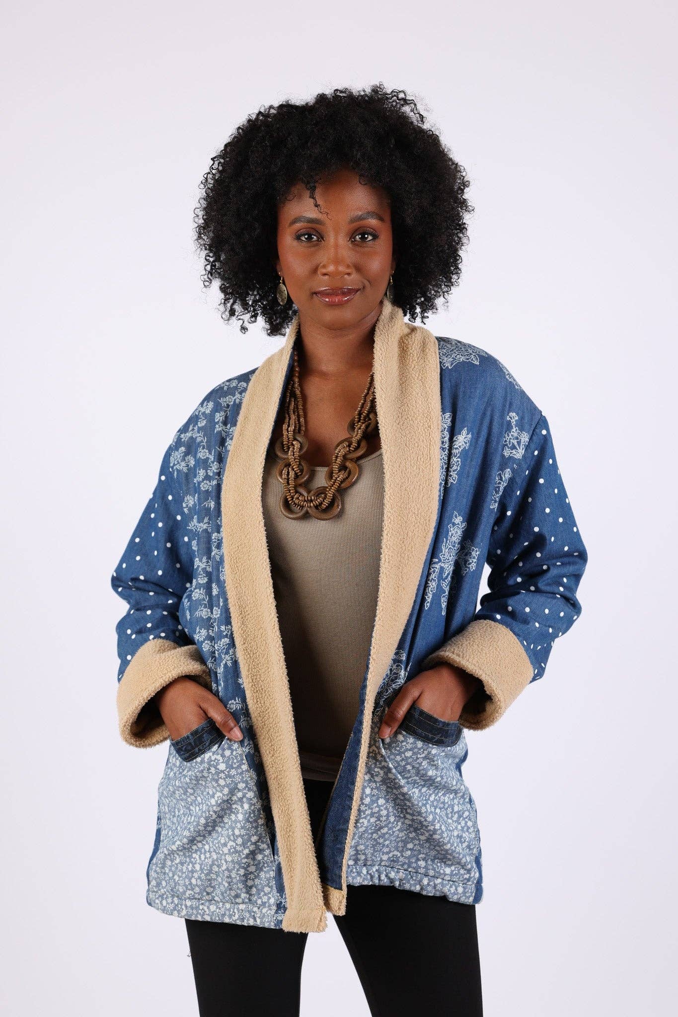 Sacred Threads - Wholesale Denim Jacket - Women's - Patchwork Fleeced Denim Jacket: Open Front2