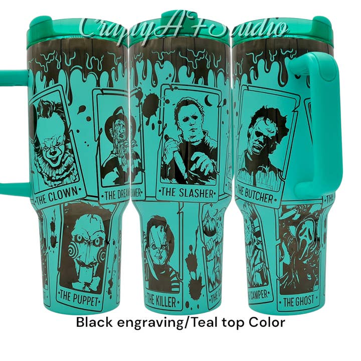 40oz Horror Slashers tarot card laser engraved tumbler for wholesale by Crafty AF Studio