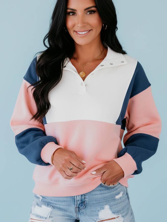 Casual Colorblock Patchwork Half Button Baggy Sweatshirt for wholesale by Follow Your Arrow