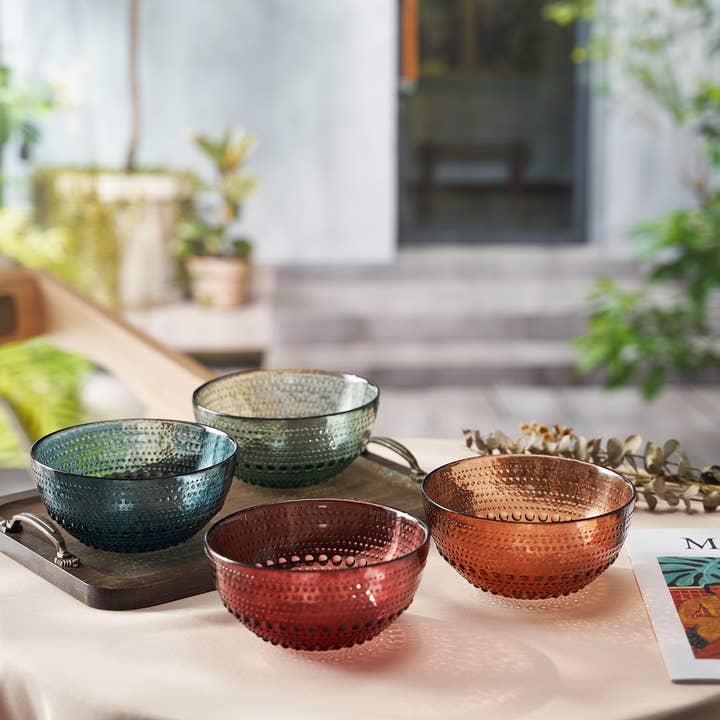 The Wine Savant / Khen Glassware - Wholesale Bowl - Glass Hobnail Colored Bowl | Set of 4 | Muted Colors 5.7"