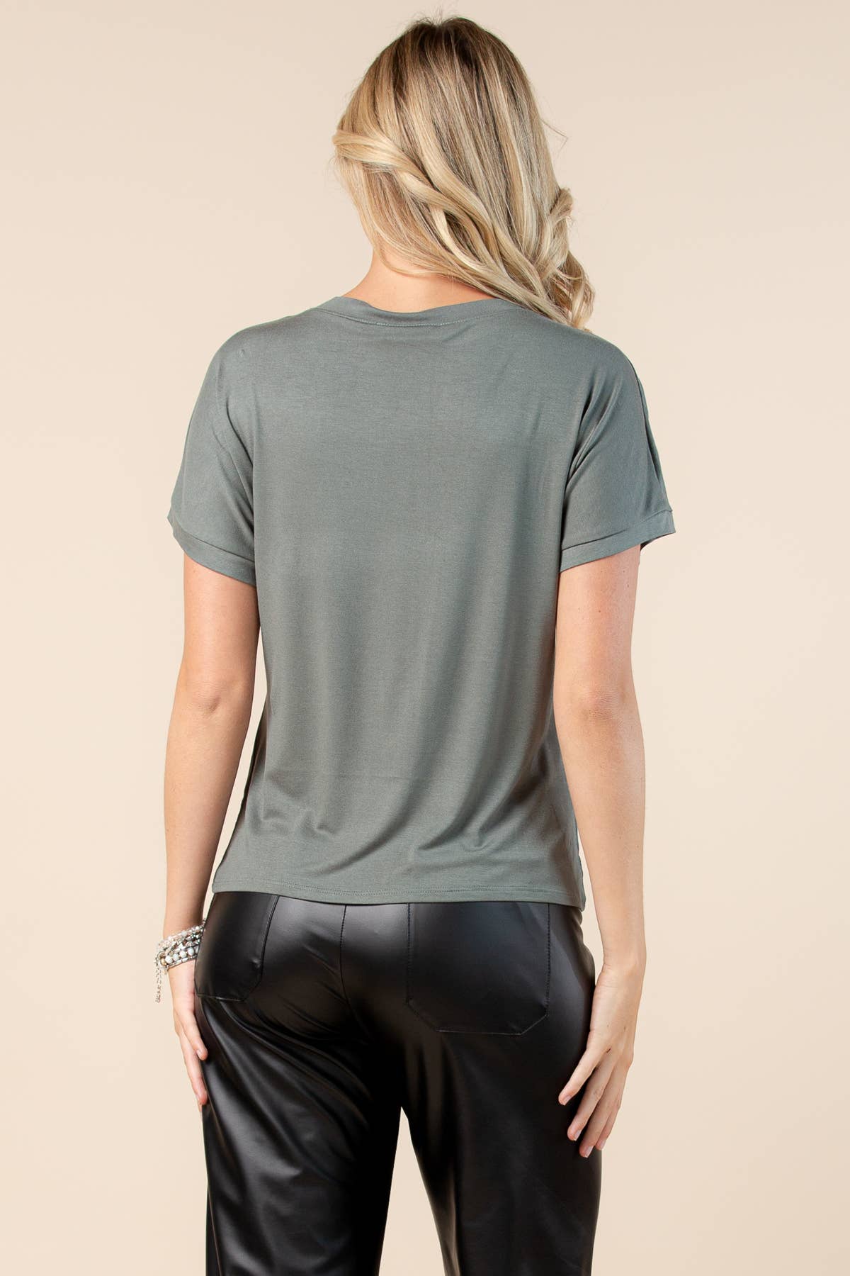 Nylon Apparel - Wholesale Blouse - Women's - T1639-Carmella-Solid Foil  V Neck Short Sleeves Top8
