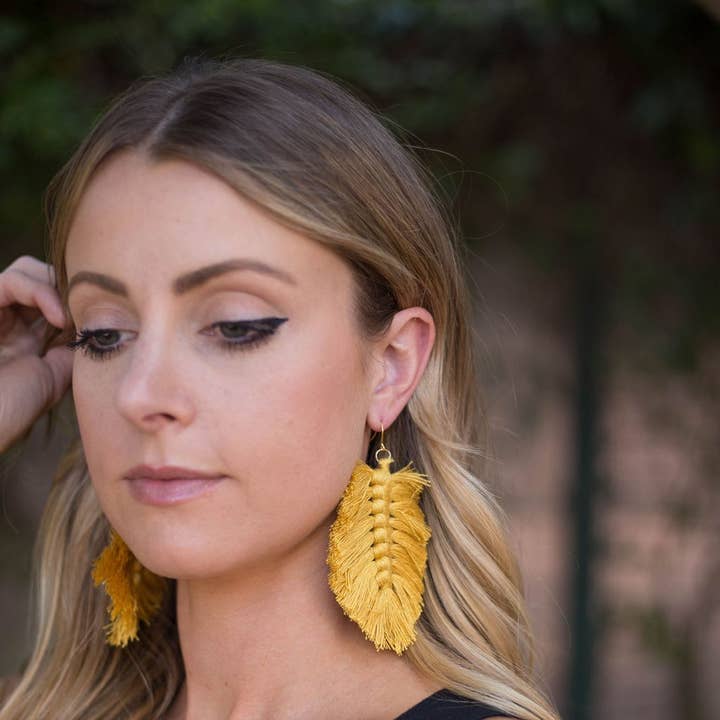 Baubles by B - Wholesale Dangle Earrings - Mustard Yellow Macrame Leaf Earrings0