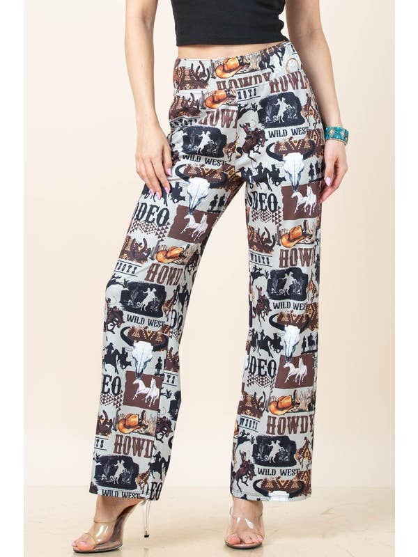 Grey Brown AP1309-TAYLOR WESTERN PRINT ELASTIC WAIST STRETCH PANTS for wholesale on Faire