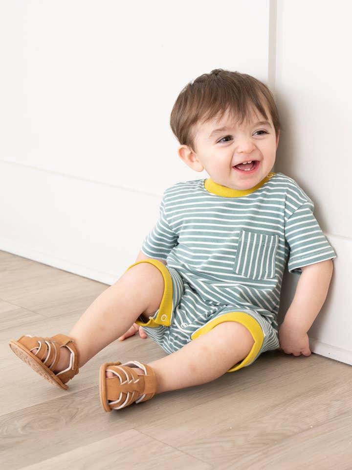 Poppy Sunshine Striped Pocket Romper for wholesale by Marie Nicole Clothing