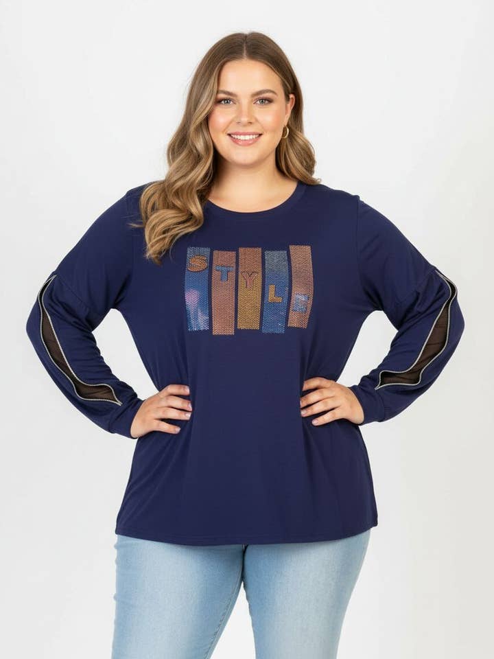 Blå t-shirt i stor storlek med strass och delade ärmar C6603 för wholesale av Pomme Rouge Paris