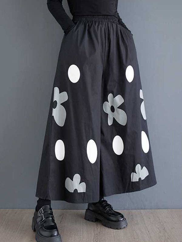 VividLux - Wholesale Pants - Women's - Loose Wide Leg Elasticity Flower Print Pockets Culotte Pants1