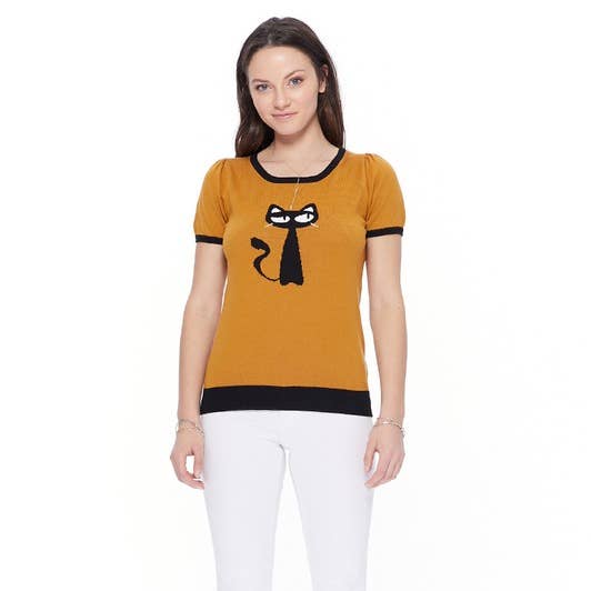Short Sleeve Crewneck Cat Print Casual T-Shirt Sweater for wholesale by Mak